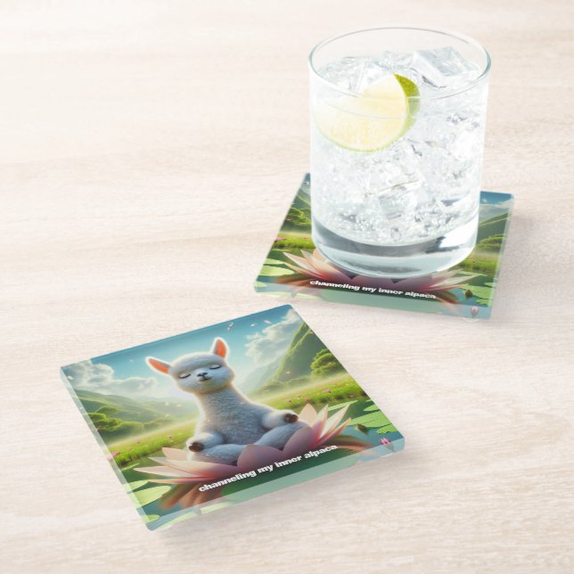 Cute Alpaca Meditating on Lotus Pad in Lake Glass Coaster (Angled)
