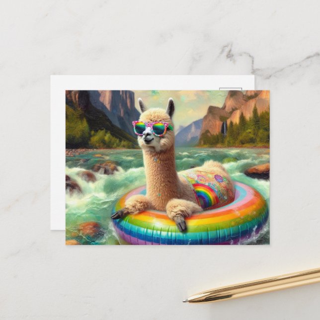 Cute Alpaca on a Rainbow Colour Float Postcard (Front/Back In Situ)