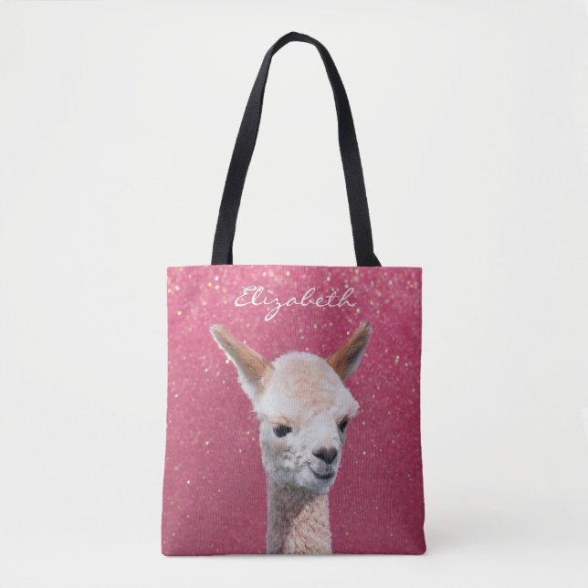 Cute Alpaca, Pink Glitter, DIY Name White Script Tote Bag (Front)