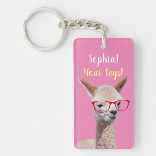 Cute Alpaca Red Glasses DIY, Name Message, Pink Key Ring (Front)