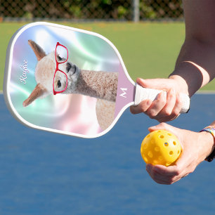 Cute Alpaca Red Glasses, Name Monogram Iridescent Pickleball Paddle