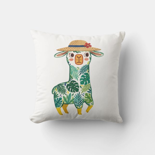 Cute Alpaca Tropical Leaf Print Throw Pillow (Front)