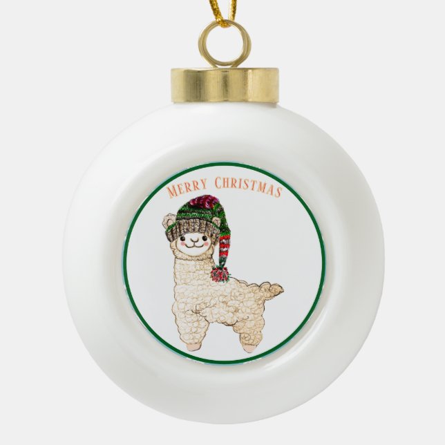 Cute alpaca with festive hat ceramic ball christmas ornament (Front)