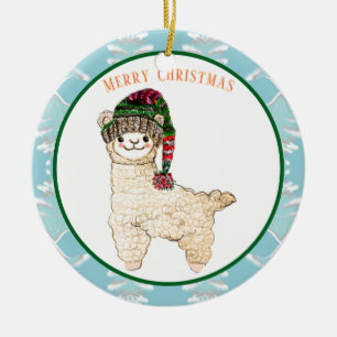 Cute alpaca with festive hat ceramic ornament