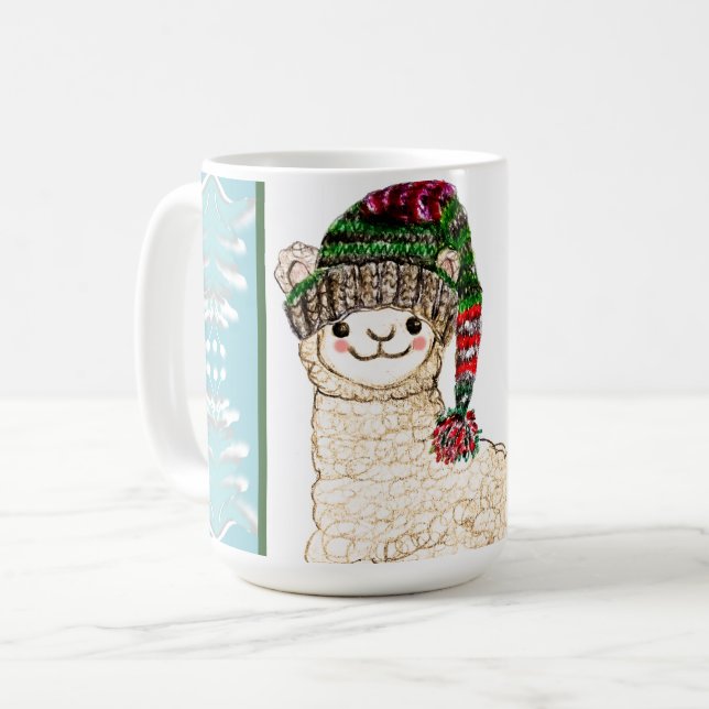 Cute alpaca with festive hat coffee mug (Front Left)