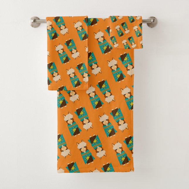 Cute Alpacas Rocking Goatees & Teal Serapes Bath Towel Set (Insitu)