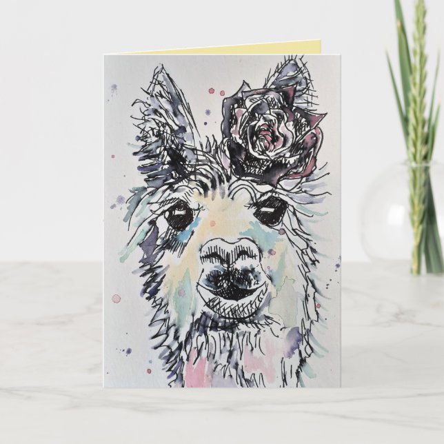 Cute Alpacca Llama Watercolour Birthday Card (Front)