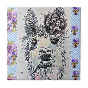 Cute Alpacca Llama Watercolour floral Ceramic Tile