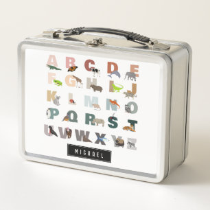 Cute Alphabet ABC Animals Custom Name School Metal Lunch Box