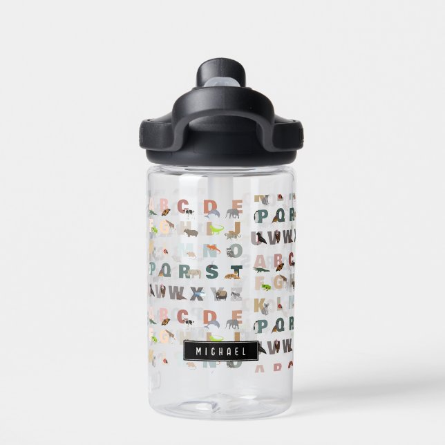 Cute Alphabet ABC Animals Custom Name School Water Bottle (Back)
