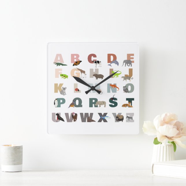 Cute Alphabet ABC Animals Square Wall Clock (Home)
