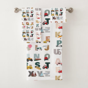 Cute Alphabet ABC Trucks, Transportation Vehicles Bath Towel Set