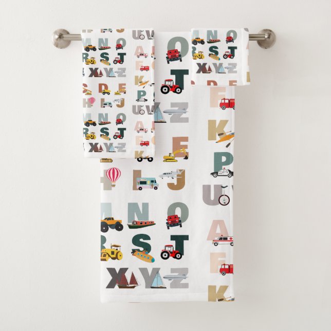 Cute Alphabet ABC Trucks, Transportation Vehicles Bath Towel Set (Insitu)