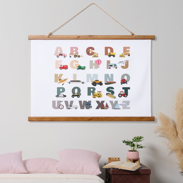 Cute Alphabet ABC Trucks, Transportation Vehicles Hanging Tapestry (Bedroom)