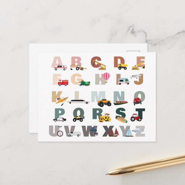 Cute Alphabet ABC Trucks, Transportation Vehicles Holiday Postcard (Front/Back In Situ)