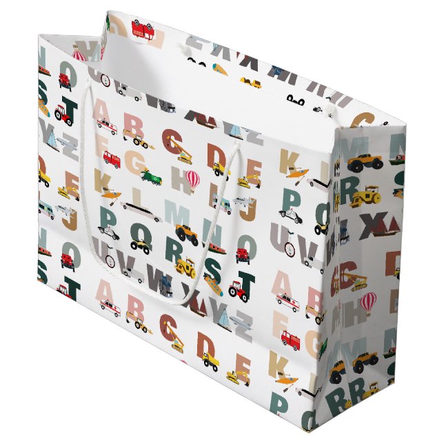 Cute Alphabet ABC Trucks, Transportation Vehicles Large Gift Bag (Front Angled)