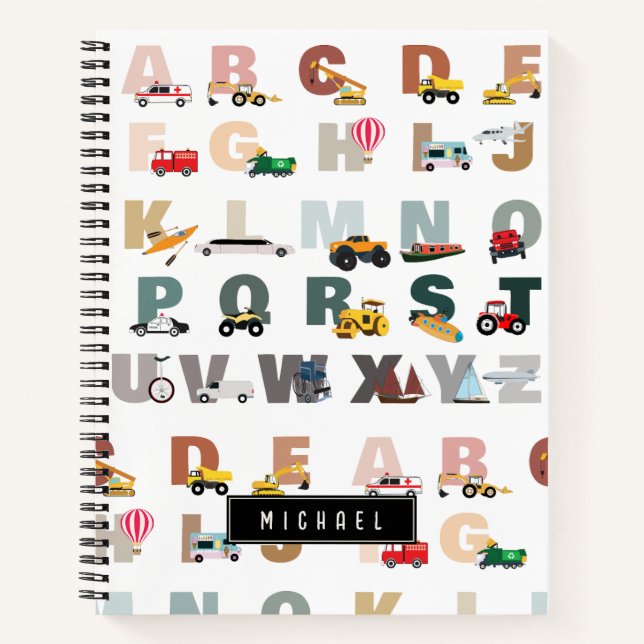 Cute Alphabet ABC Trucks, Transportation Vehicles Notebook (Front)