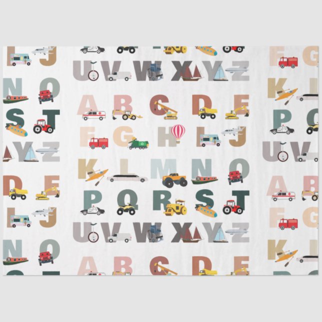 Cute Alphabet ABC Trucks, Transportation Vehicles Tissue Paper (Front)