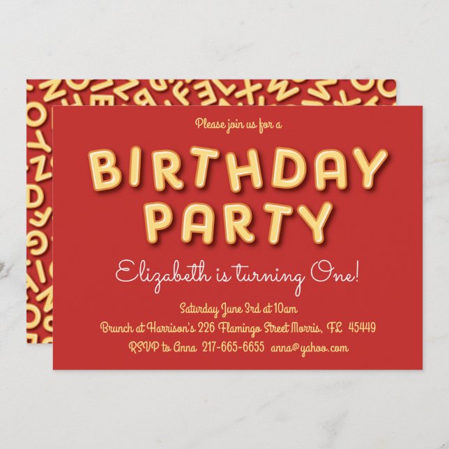 Cute Alphabet Soup Kids 1st Birthday Party Invitation (Front/Back)