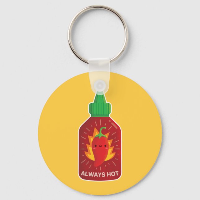 Cute Always Hot Red Chilli Pepper Sauce Bottle Key Ring (Front)
