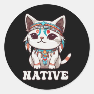 Cute American Native Indian Kawaii Cat Woman Girl  Classic Round Sticker