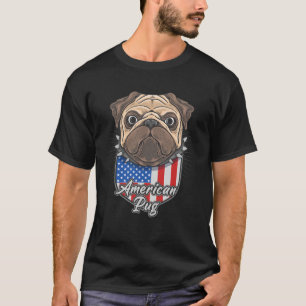 Cute American Pug with USA Flag Shield Background  T-Shirt