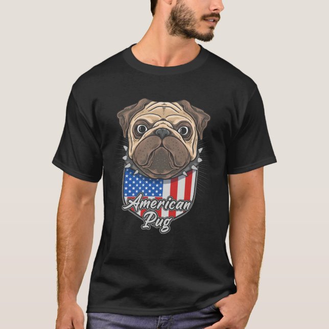Cute American Pug with USA Flag Shield Background  T-Shirt (Front)