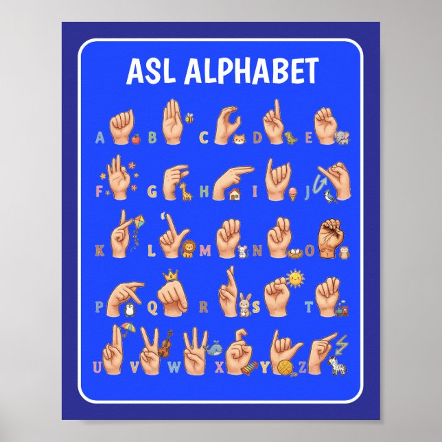 Cute American Sign Language Alphabet Poster (Front)