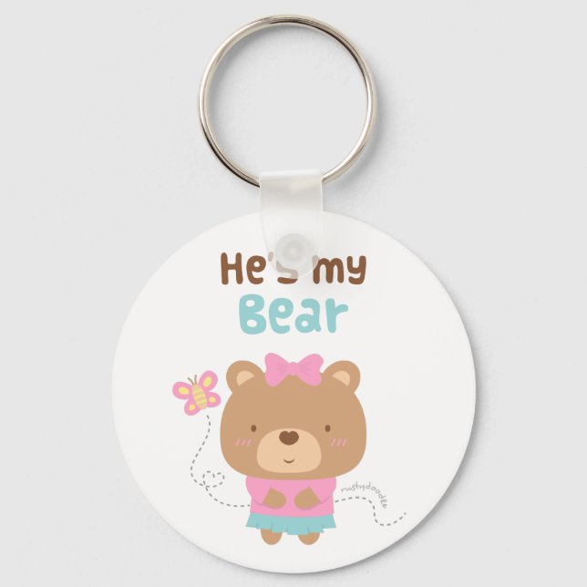 Cute Amusing Couple Female Bear and Butterfly Key Ring (Front)