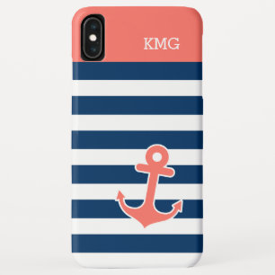 Cute Anchor Monograms in Trendy Coral Navy Strips iPhone XS Max Case