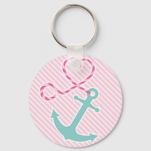 Cute Anchor with Heart Rope - Pink and Aqua Key Ring