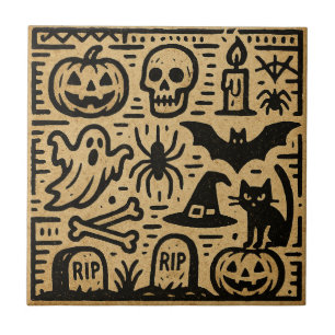 Cute ancient hieroglyph pumpkin and bat Halloween Ceramic Tile