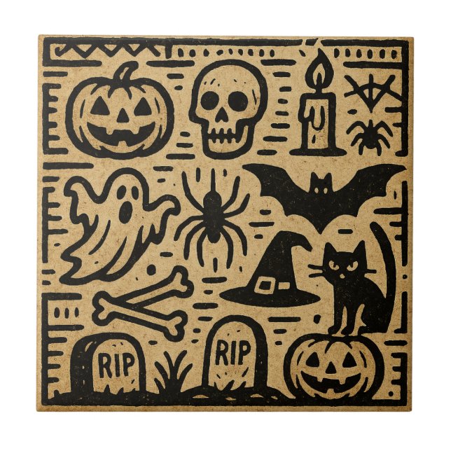 Cute ancient hieroglyph pumpkin and bat Halloween Ceramic Tile (Front)