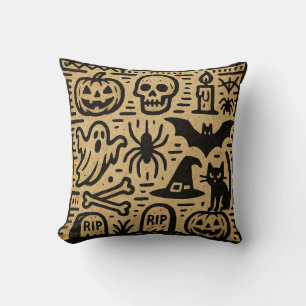 Cute ancient hieroglyph pumpkin and bat Halloween Cushion
