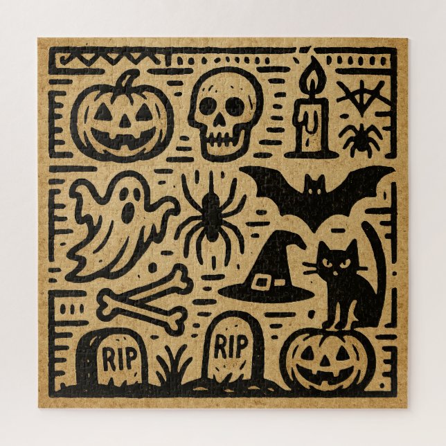 Cute ancient hieroglyph pumpkin and bat Halloween Jigsaw Puzzle (Vertical)