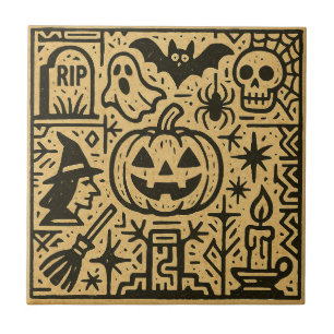 Cute ancient hieroglyph pumpkin, witch Halloween Ceramic Tile