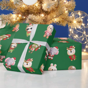Cute and Adorable Christmas Baby Animals Green  Wrapping Paper
