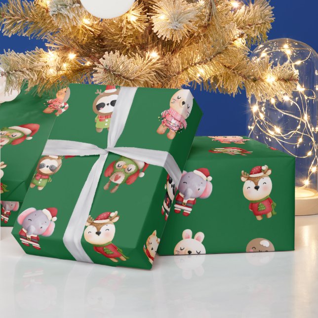 Cute and Adorable Christmas Baby Animals Green  Wrapping Paper (Holidays)