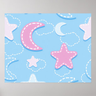 Cute and Adorable Pastel Moon Stars Clouds   Poster
