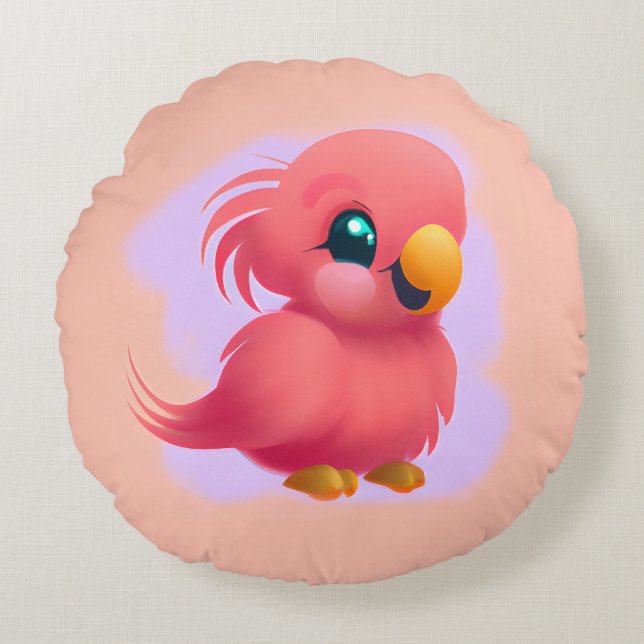 Cute and Adorable Pink Baby Parrot  Round Cushion (Front)