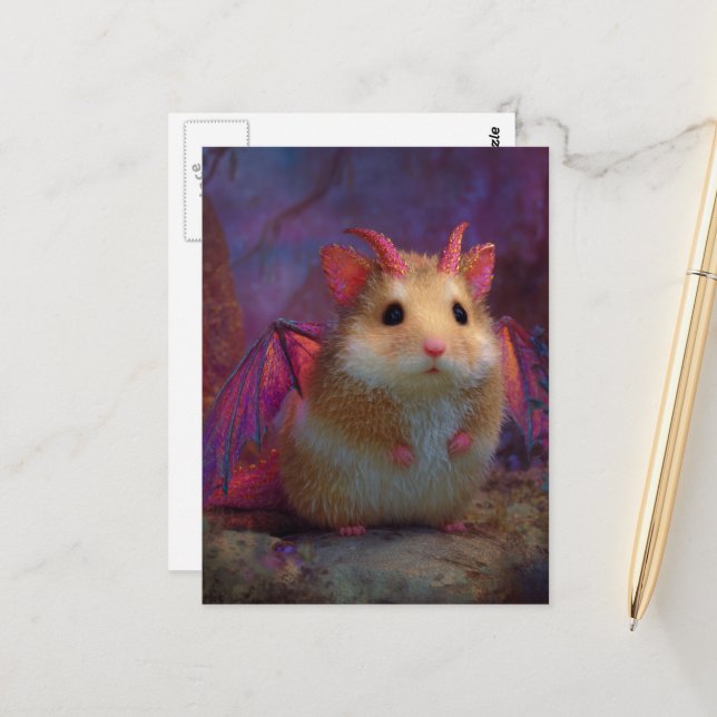 Cute and Adorable Sweet Hamster Dragon with Horns Postcard (Front/Back In Situ)