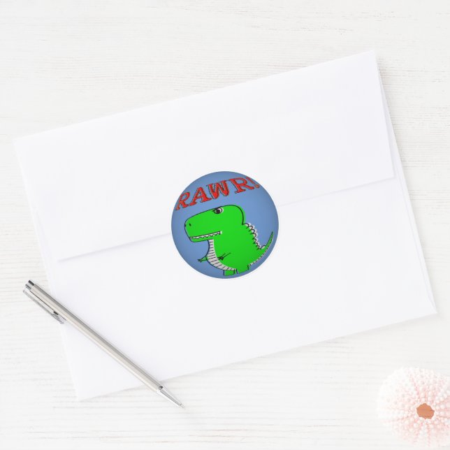 Cute and Angry Cartoon T-Rex RAWR Classic Round Sticker (Envelope)