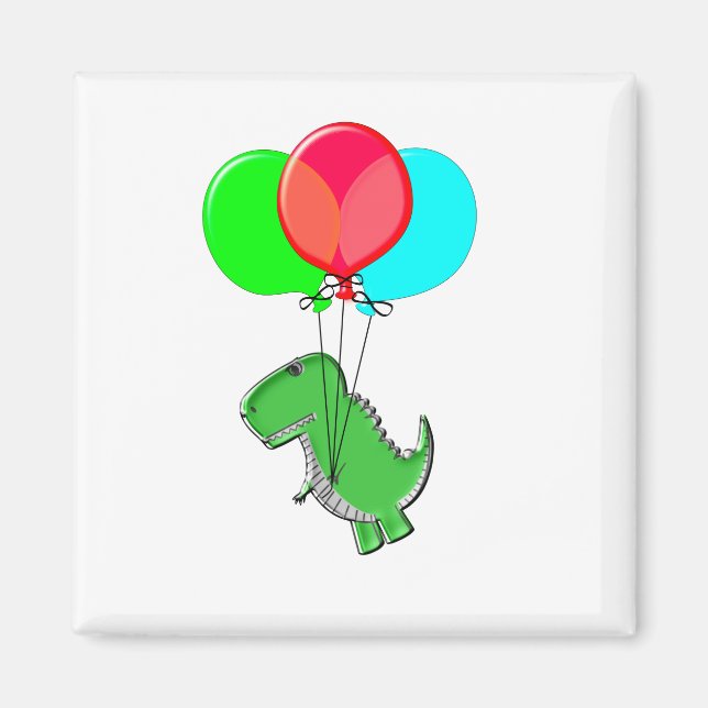 Cute And Angry Dino Flying With Party Balloons Magnet (Front)
