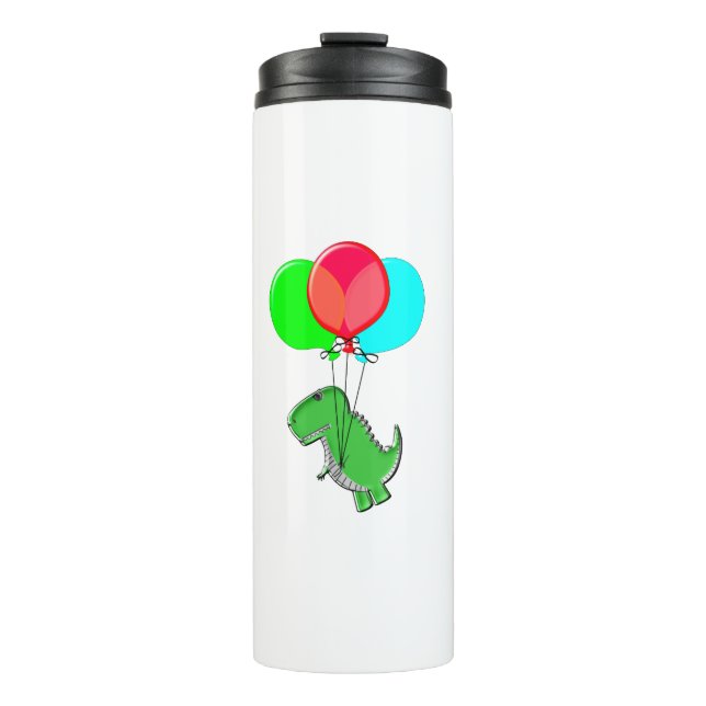 Cute And Angry Dino Flying With Party Balloons Thermal Tumbler (Front)