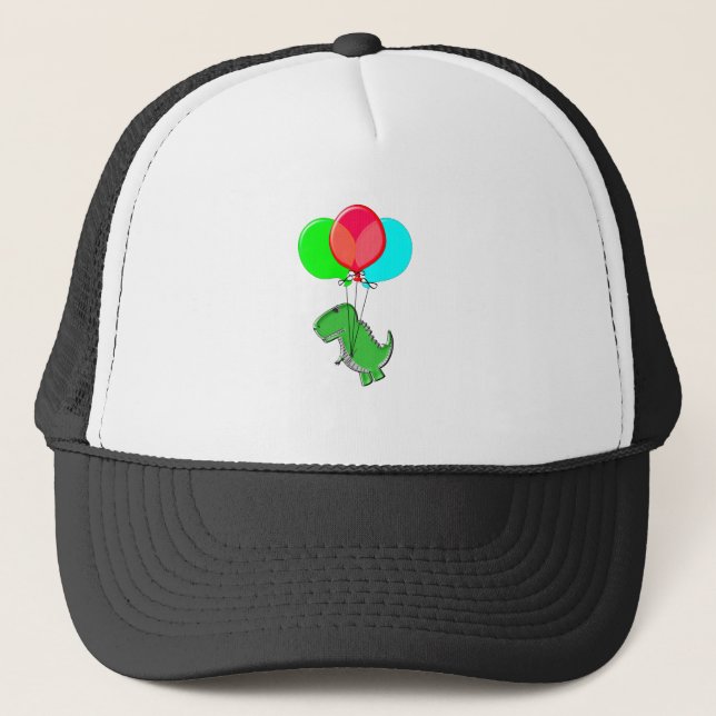Cute And Angry Dino Flying With Party Balloons Trucker Hat (Front)