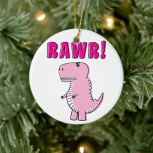Cute And Angry Pink Cartoon T-Rex Dinosaur Ceramic Ornament