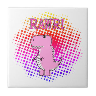Cute And Angry Pink Cartoon T-Rex Dinosaur Ceramic Tile