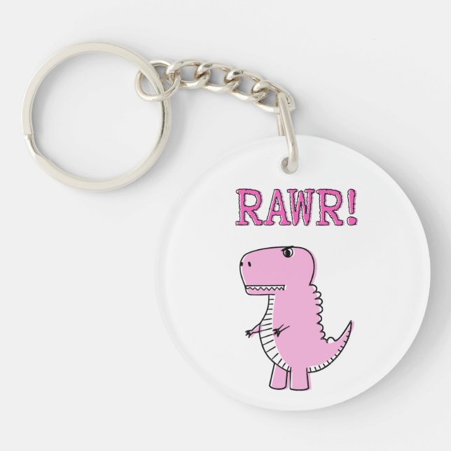 Cute And Angry Pink Cartoon T-Rex Dinosaur Key Ring (Front)