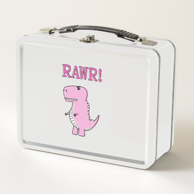 Cute And Angry Pink Cartoon T-Rex Dinosaur Metal Lunch Box (Front)