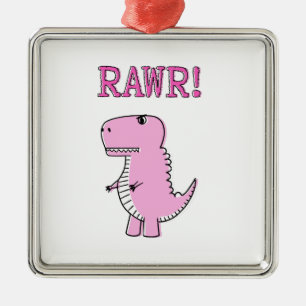 Cute And Angry Pink Cartoon T-Rex Dinosaur Metal Ornament